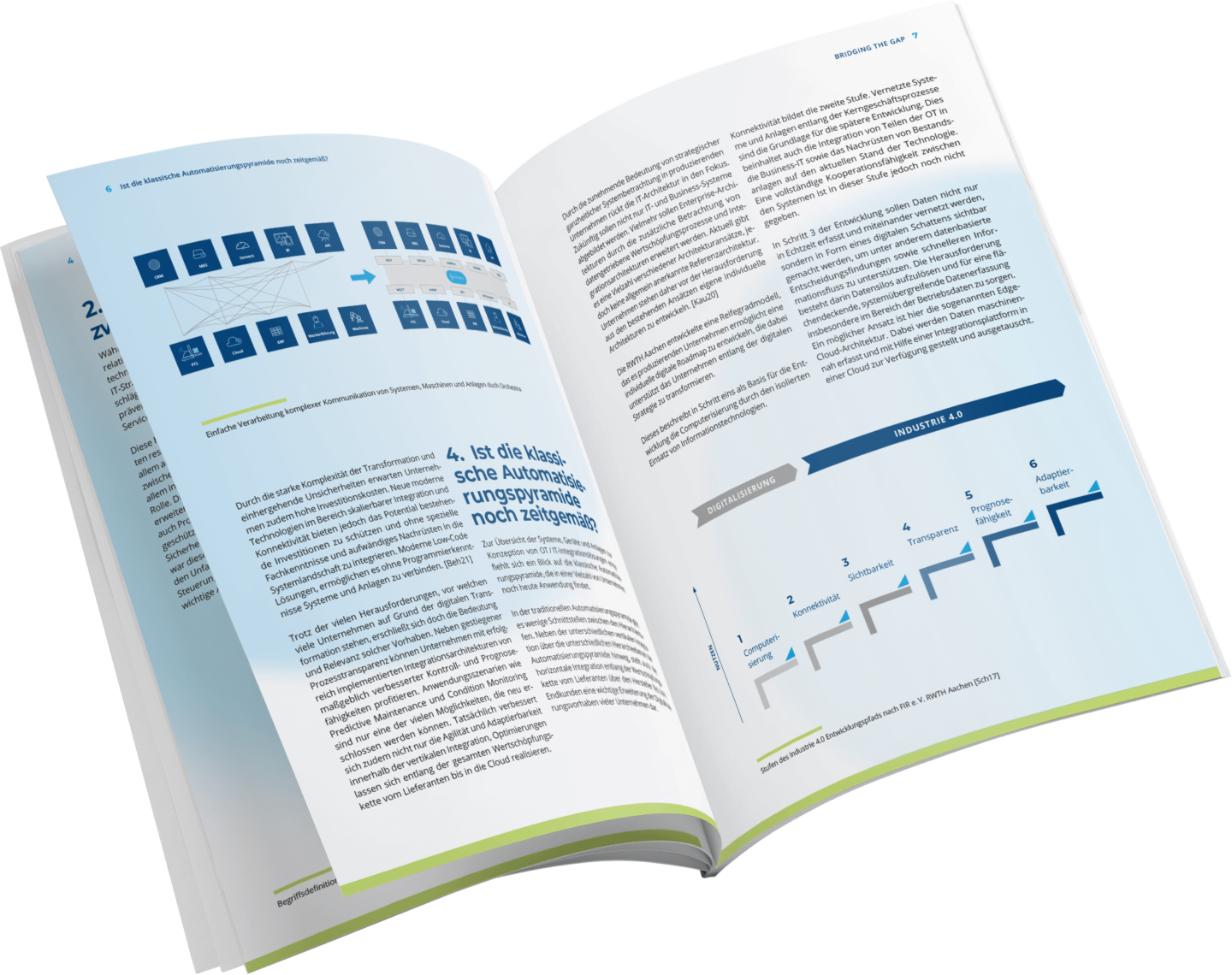 Beispiel-Seiten eines offenen Whitepapers Bridging the Gap zum Thema Referenzarchitektur zur umfassenden horizontalen und vertikalen Integration von OT und IT